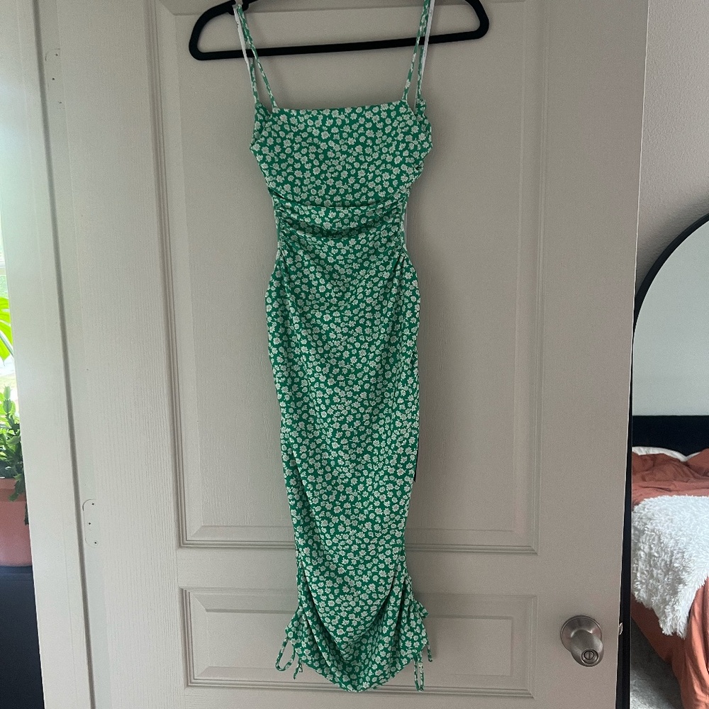 NWT - Lulus Wildflower Power Green Floral Tie-Back Ruched Bodycon Dress